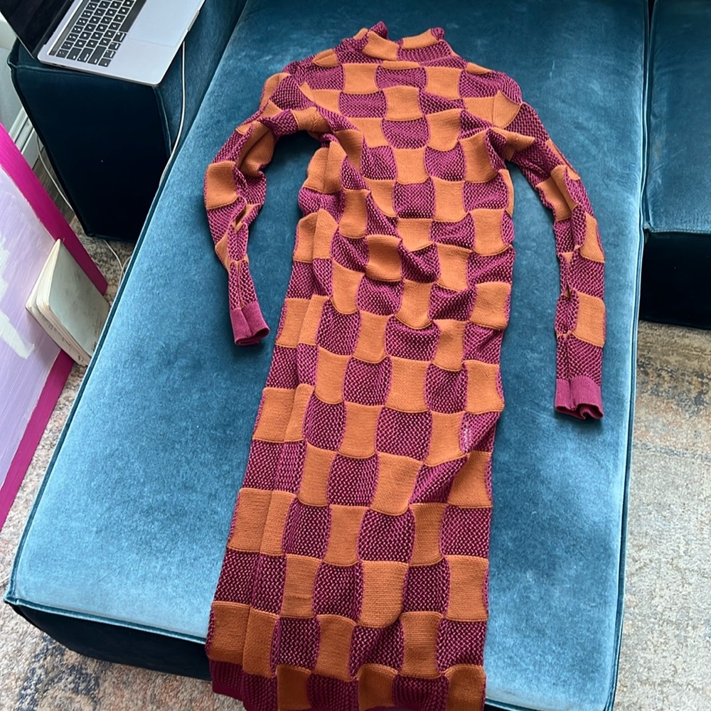 Marni sheer knit crochet mesh turtleneck midi sweater dress